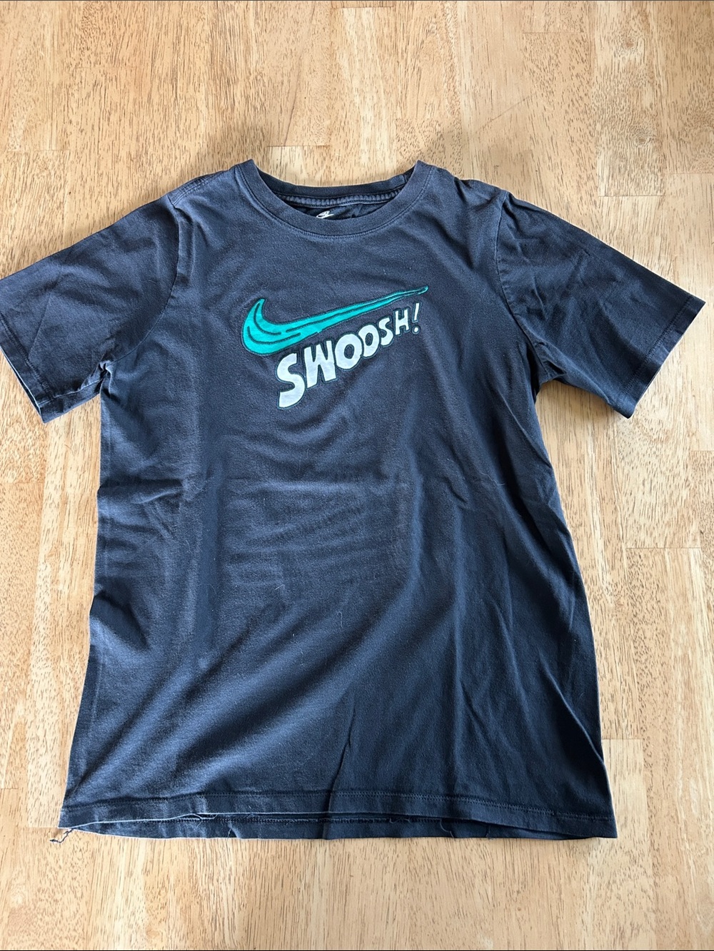 Nike Black Grey Tee with Teal Swoosh and 'SWOOSH!' Graphic
